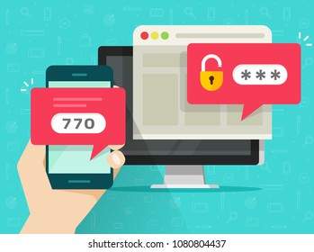 Two step authentication vector illustration, flat cartoon smartphone and computer safety login or signin, two steps verification via mobile phone and pc notice