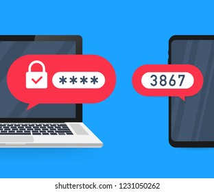 Two step authentication vector illustration, flat cartoon smartphone and computer safety login or signin. Vector stock illustration.