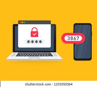 Two step authentication vector illustration, flat cartoon smartphone and computer safety login or sign in. Vector stock illustration.