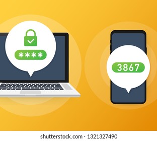 Two step authentication vector illustration, flat cartoon smartphone and computer safety login or sign in. Vector stock illustration.