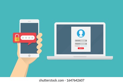 Two step authentication vector illustration, smartphone and computer safety login or signin, two steps verification via mobile phone and laptop.