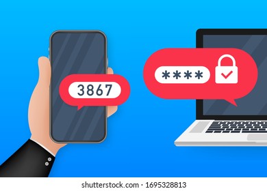 Two step authentication vector illustration, flat cartoon smartphone and computer safety login or signin. Vector stock illustration.