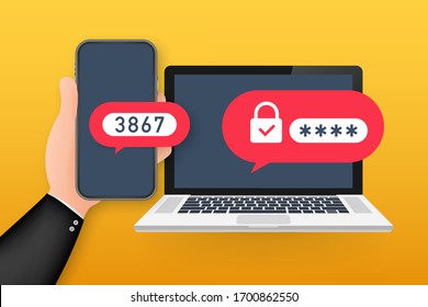 Two step authentication vector illustration, flat cartoon smartphone and computer safety login or signin. Vector stock illustration.