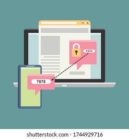Two step authentication vector illustration, flat illustration smartphone and computer safety login or signin, two steps verification via mobile phone and computer
