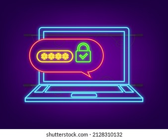 Two step authentication vector illustration, neon cartoon smartphone and computer safety login or signin. Vector stock illustration