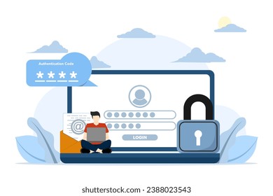 Concepto de verificación de dos pasos, OTP, contraseña de autenticación, contraseña de una vez para el inicio de sesión seguro de la cuenta del sitio web, página de inicio de sesión en pantalla del portátil. ilustración vectorial plana sobre fondo blanco.