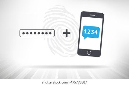 Two Step Verification. Password Input Field And Mobile Phone Displaying Verification Code. Big Fingerprint In The Background