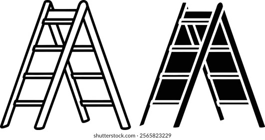 Two stepladder images are shown a line drawing and a filled black version. Both depict a classic Aframe design with four steps.