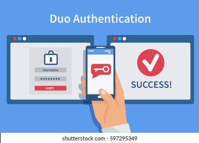 Two steps authentication concept. Duo verification by smartphone and approvement. Vector illustration. - Shutterstock ID 597295349