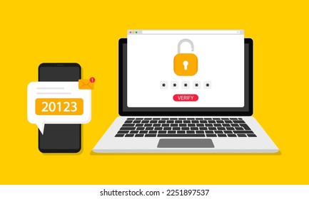 Two steps authentication concept with laptop and smartphone. Verification code by phone. Notification with a security code for secure login or sign in. Vector