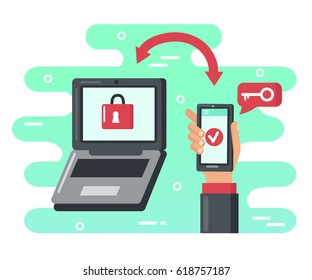 Two steps authentication concept. Verification by smartphone. Vector flat illustration.