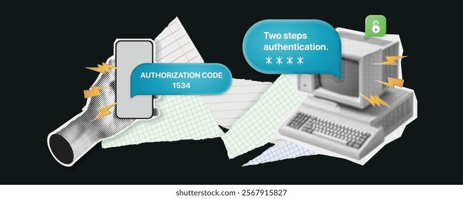 Two Steps Authentication. Hand Holding Smartphone With Verification Code Message On Screen. 2-Step authentication halftone cutout collage.