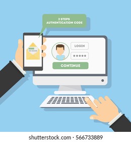 Two steps authentication on computer. Login and password. Verification with sms on smartphone.