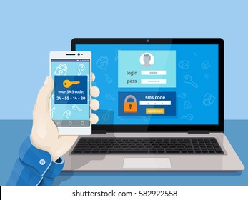 Two steps authentication on computer. Flat man sitting at desktop and getting access to the website. A man is sitting at a laptop with a mobile phone in his hand. Vector illustration