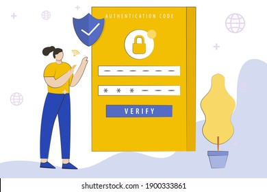 Two steps authentication vector illustration with women hand holds a smartphone. Asian women stand up at the desktop and have a message with ID verification code.
