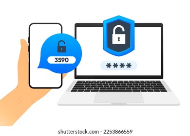 Two Steps Authentication. Verification code message on smartphone. Safety login concept. Two factor verification via laptop and phone. Vector illustration.
