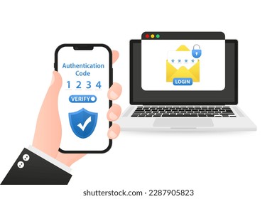 Two steps authentication. Verification code message on smartphone. Notice with code for secure login or sign in. Two factor verification via laptop and phone. Security. Vector illustration