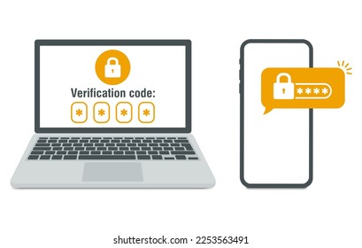 Two steps authentication. Verification push code message on smartphone. Notice with code for secure login or sign in. Two factor verification via laptop and phone. Vector illustration