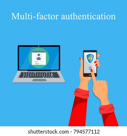 Two steps authorization concept. Verification by smartphone. Multi-factor authentication design.