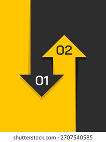 Infografía de negocios de dos pasos con flechas arriba y abajo sobre fondo amarillo y negro. Ilustración vectorial.