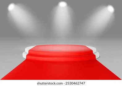 Zwei Stufen um weiße Treppe Produkt Podium mit rotem Teppich und Scheinwerfer. Realistische 3D-Vektorgrafik der Siegerehrung, Ausstellung und Warenpräsentation Premium-Plattform-Vorlage.
