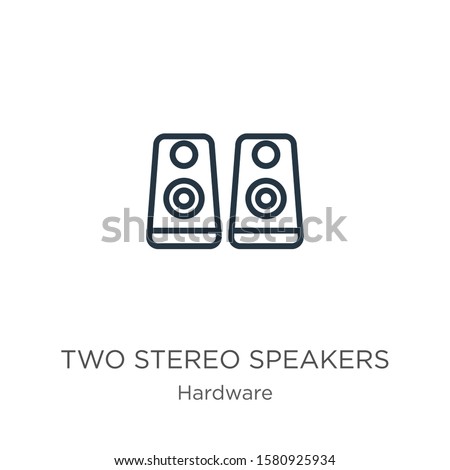 Two stereo speakers icon. Thin linear two stereo speakers outline icon isolated on white background from hardware collection. Line vector sign, symbol for web and mobile