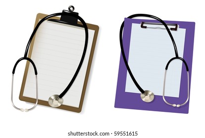 Two stethoscopes and blanks clipboards. Vector.