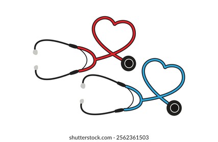 Two stethoscopes in red and blue forming heart shapes, symbolizing medical care, love, and unity on a white background, simple and professional design.