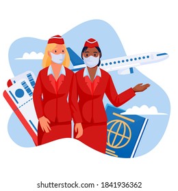 Two stewardesses in medical protection masks on blue sky background with flying airplane. Air travel new rules, healthy and safe flight concept. Vector flat cartoon characters illustration