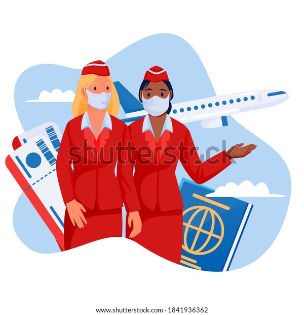 Two\
stewardesses in medical protection masks on blue sky background\
with flying airplane. Air travel new rules, healthy and safe flight\
concept. Vector flat cartoon characters\
illustration