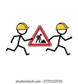 Two stick figure construction workers in yellow hard hats running with a roadwork sign