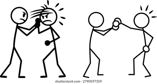 Two stick figure men fighting and shaking hands