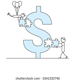 Two stick figure people solving dollar symbol jigsaw puzzle