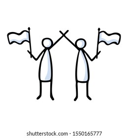 Two Stick Figure People Waving Flag. Hand Drawn Isolated Human Doodle Icon Motif. Clip Art Element. Black White Flat Color. Message, Protest Victory, Activist Campaign Concept. Pictogram Vector EPS 10