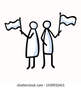 Two Stick Figure People Waving Flag. Hand Drawn Isolated Human Doodle Icon Motif. Clip Art Element. Black White Flat Color. Message, Protest Victory, Activist Campaign Concept. Pictogram Vector EPS 10