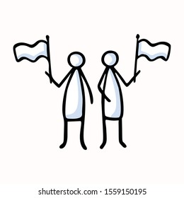 Two Stick Figure People Waving Flag. Hand Drawn Isolated Human Doodle Icon Motif. Clip Art Element. Black White Flat Color. Message, Protest Victory, Activist Campaign Concept. Pictogram Vector EPS 10