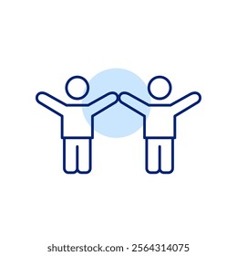 Two stick figures with arms raised up. Joy and compassion, community support and teamwork. Pixel perfect, editable stroke icon