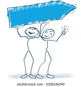 Two stick figures with a blue sign