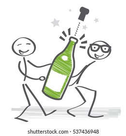 Two stick figures carry a champagne bottle. Champagne bottle explosion - vector illustration