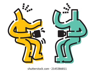 Two stick figures chatting over coffee.