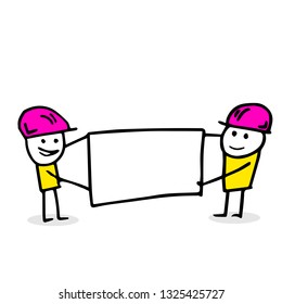Two stick figures construction workers holding blank board.