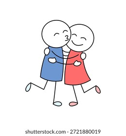 Dos figuras de palo abrazándose. Una figura de azul besa a la otra de rojo, que sonríe. Ilustración simple y limpia que transmite afecto, amistad y amor. 