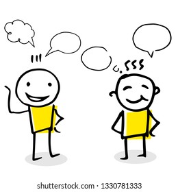Two stick figures enjoying good conversation. Freehand vector illustration with speech bubbles.