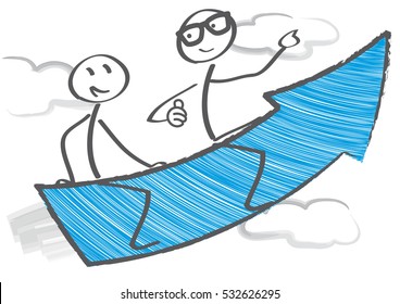 Two stick figures flying on blue arrow