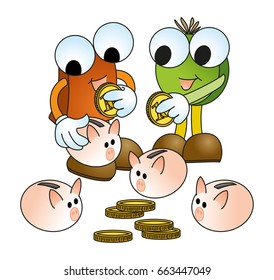Two stick figures in front of four money boxes