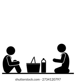 Two stick figures having picnic together.
