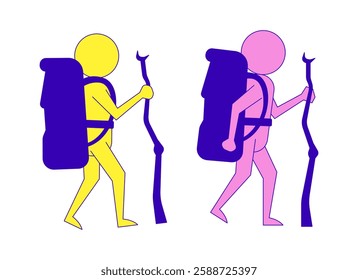 Two stick figures hikers with backpacks and walking sticks 2D cartoon characters set. Trekking adventure. Backpackers isolated people flat vector on white background. Spot illustrations collection