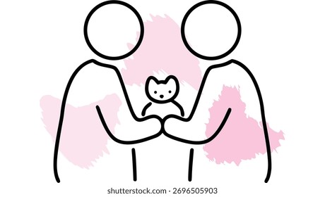 Two Stick Figures Holding a Teddy Bear with Brush Strokes symbolizing single line