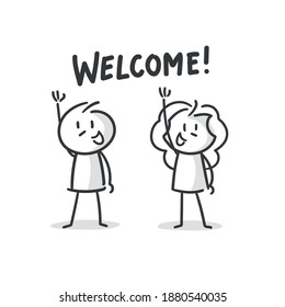 Two Stick Figures Man And Woman Waving Hands For A Welcome