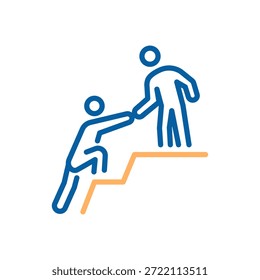 Two stick figures: one helps another climb an upward trend line, symbolizing teamwork, support, growth and overcoming obstacles. Thin line icon editable stroke
